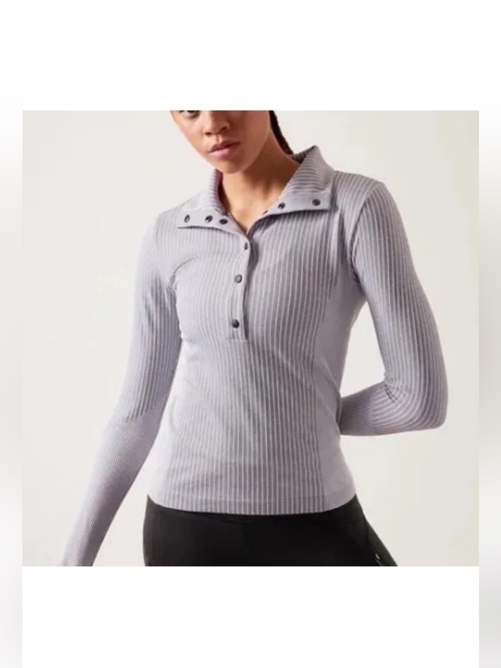 Athleta Ribbed Long-Sleeve Popper Polo Top - Light Gray